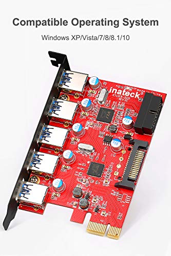 Inateck PCI-E to USB 3.0 (5 Ports) PCI Express Card and 15-Pin Power Connector, Red (KT5001)