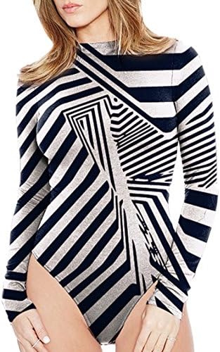 Rokiney Plus Size Fall Long Sleeve Stripes Printed Bodysuits Jumpsuits Shirts XL