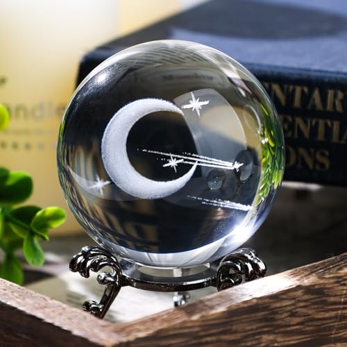 FUTUREPLUSX Crystal Ball with Stand, 3D Laser Crystal Ball Moon Glass Sphere for Birthady Gift Home Weeding Decor Crafts