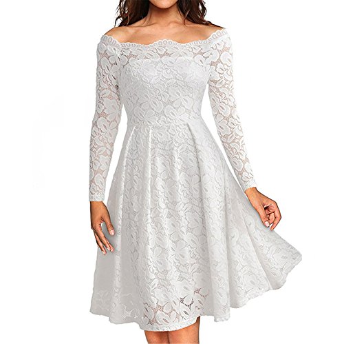 Women Dress SFE Lace Noble Flower Embroidery Off The Shoulder Strapless Elegant Long Sleeve Dress for Dinner Party Wedding Dresses (2XL, White)