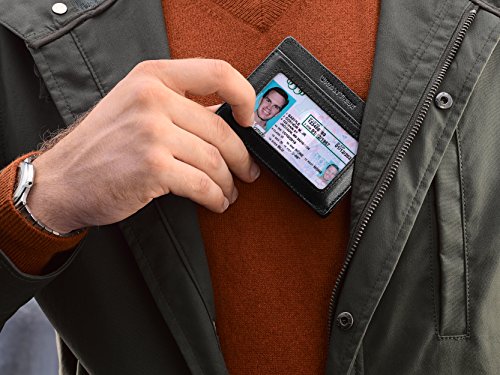 Compact RFID Card Sleeve Wallet Premium Leather Money Clip Card Holder for Up to 10 Cards