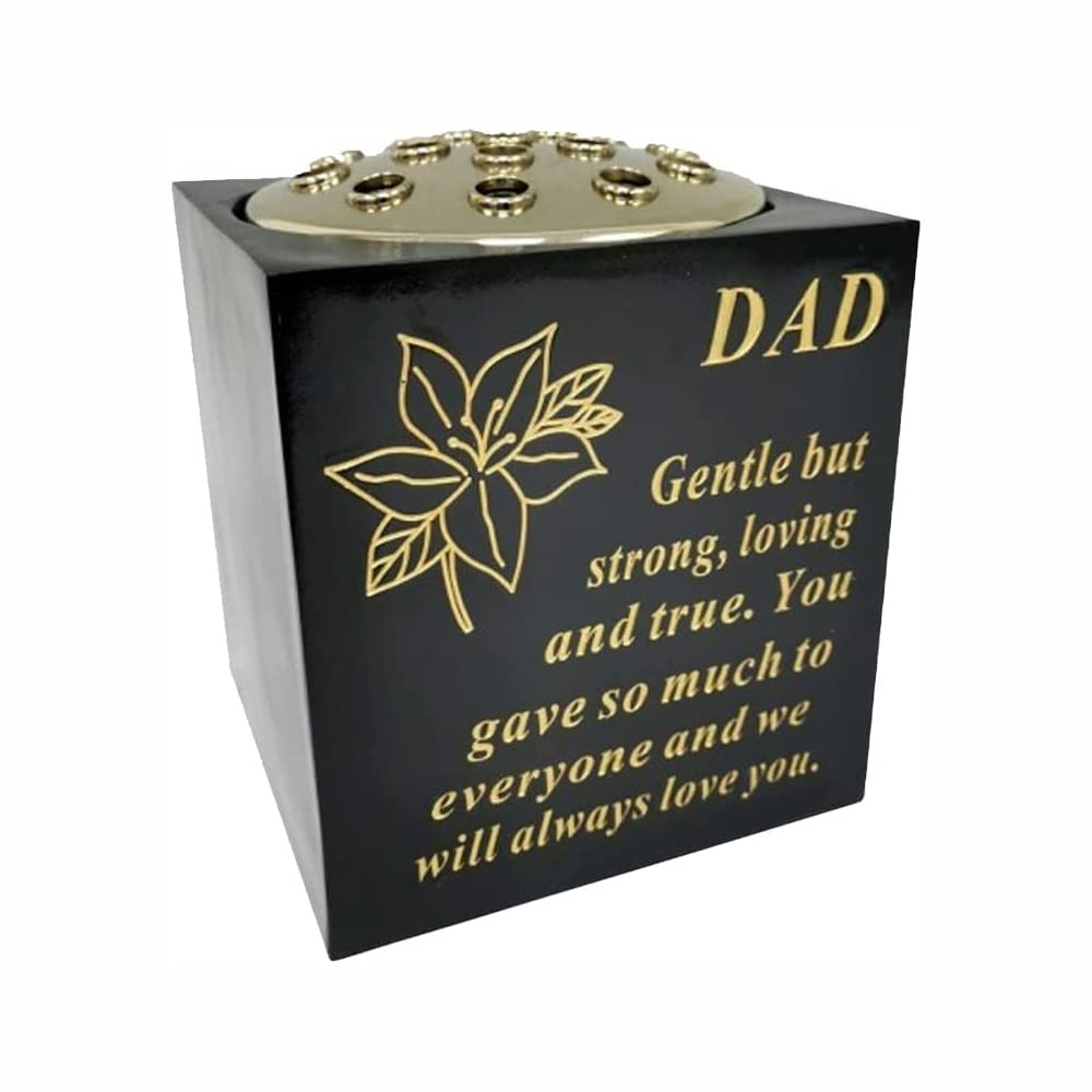 PHG Elegant Grave Box Flower Holder with Personalised Saying | Square Grave Box Flower Stand | Personalized Floral Stand | Eye Catchy Memorial Gift | Granite Memorial (Black and Gold, Dad)