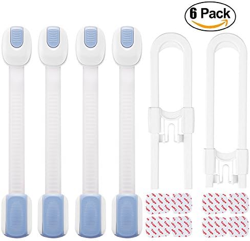 6 Pack Baby Safety Cabinet Locks,Latches to Bady & Child Proof Cabinets,Dresser,Drawers,Oven,Fridge,Toilet Seat,No Drill,Extra 8 Packs 3M Adhesive,Adjustable Strap,(4A+2B)