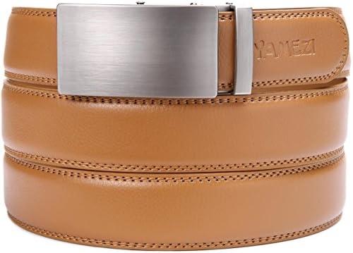 YAMEZI Men's Leather Ratchet Dress Belt with Automatic Buckle, Leather With Logo (26-44‘’ Waist, Yellow)