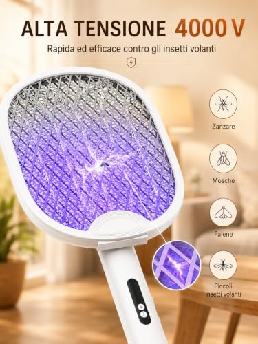 Racchetta Zanzare Elettrica 4000V Pieghevole USB-C 1800mAh Bianco