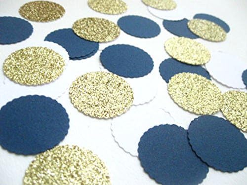 Confetti 100 Pieces Paper Scalloped Circles Gold Navy Blue White Birthday Baby Shower Gender Reveal Nautical Wedding Graduation Party Decor