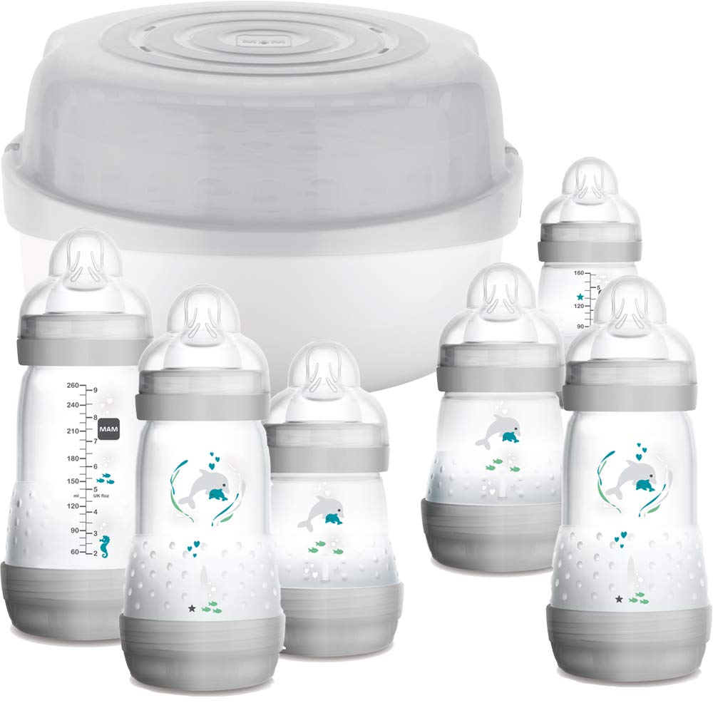 MAM Easy Start Bottle & Microwave Steriliser Set, Comes with 6x MAM Easy Start Self Sterilising Anti-Colic Baby Bottles, BPA Free Bottle Steriliser for Babies