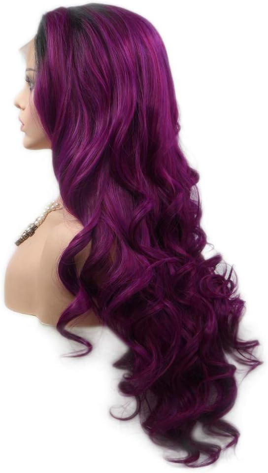 RainaHair Side Part Ombre Dark Purple Violet Wig Synthetic Lace Front Wigs Long Body Wave Hair Black Roots Holidays Cosplay Women Wigs 24inches - Image 4
