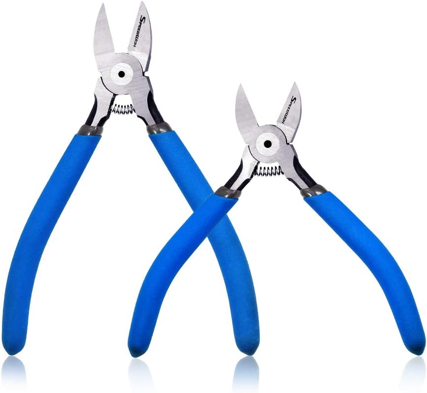 SPEEDWOX Mini Flush Cutters Side Cutters 2 Pcs Flush Cut Diagonal Pliers Plastic Nippers Angled Wire Cutters High Carbon Steel High Leverage with Spring Functional Precision Hand Tools