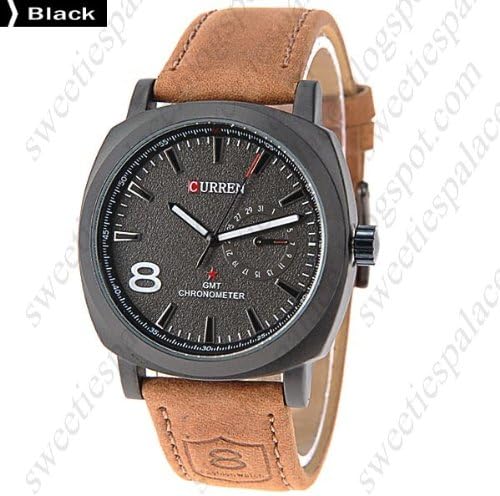 (CURREN) Chic Round Case Quartz Analog Wristwatch Timepiece with Genuine Leather Band for Men Boys