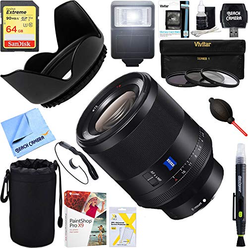 Sony (SEL50F14Z Zeiss Prime Full-Frame Planar T FE 50mm F1.4 ZA Lens + 64GB Ultimate Filter & Flash Photography Bundle