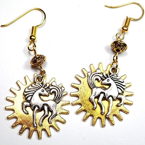GenericSilver Tone Prancing Horse Over Golden Gear with Metal Bead Steampunk Earrings, Equine Jewelry Gift
