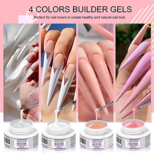 Saviland Building Gel for Gel Nails: 4 Basic Colours Builder Nail Gels Nail Set Clear White Nudes Pink Nail Strengths Gel with Nail Brush Pack of 100 Nail Shapes for Nails Art Supplies