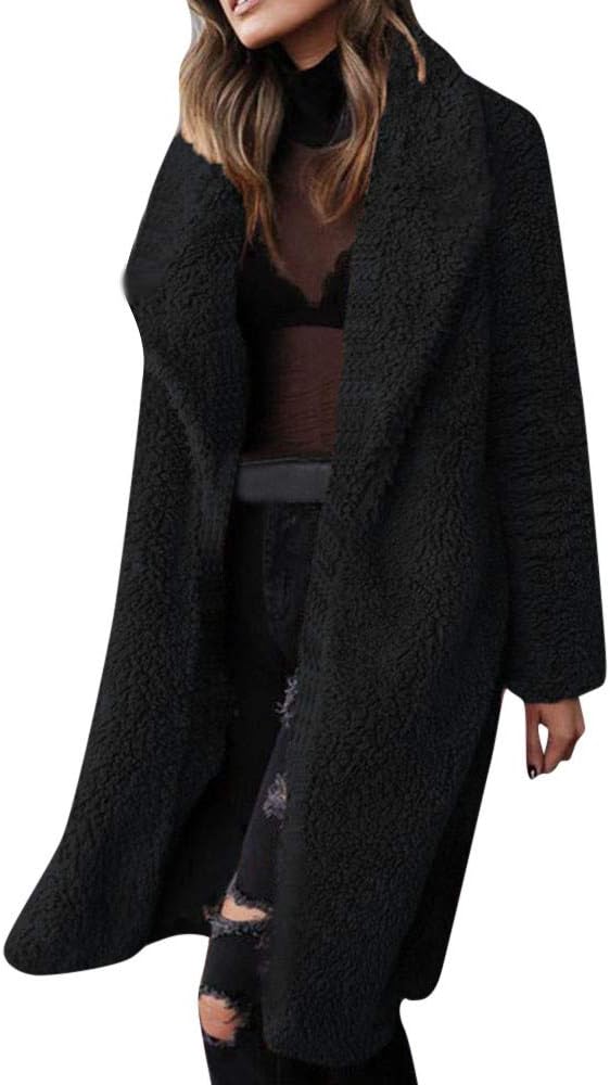 Womens Parka Coat Sale Artificial Wool Faux Fur Open Front Cardigan Turn Down Collar Long Jacket Outerwear