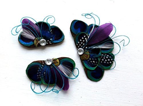 Oh Lucy Handmade RIO Wedding Package - One Bridal Hair Piece and Two Bridesmaids Pieces, Peacock Blue, Purple and Natural Peacock Feather Hair Clip, Bridal Hair Piece