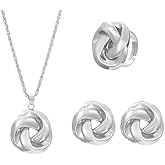PLOUTOS Trendy Knot Jewelry Set Women Gold Silver Twisted Round Pendant Necklace Matching Stud Earrings Rings Adjustable Statement Fashion Gift
