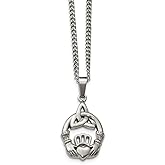 Solid Stainless Steel Trinity Irish Celtic Knot Knot and Celtic Irish Claddagh Pendant Necklace Charm Chain - with Secure Lobster Lock Clasp