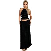 Womens 2 Piece Summer Outfits Chiffon Halter Backless Crop Top and Flowy Tulle Ruffle Maxi Skirt Sets