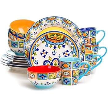 Euro Ceramica Mumbai Collection 16 Piece Ceramic Dinnerware Set, Vivid Watercolor Design, Assorted Multicolor