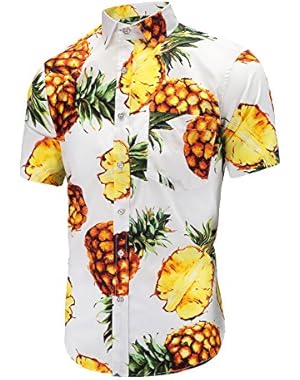 Men's Short Sleeve Pineapple Floral Print Summer Button Down Shirts