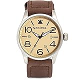 Speidel Pilot Watch Stainless Steel Metal Case, Genuine Brown Leather Band with Classic Yellow Aviator Dial - Water Resistant - Luminous Second Hand