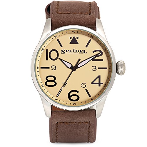 Speidel Pilot Watch Stainless Steel Metal Case, Genuine Brown Leather Band with Classic Yellow Aviator Dial - Water Resistant - Luminous Second Hand