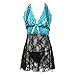 FENTI Women's Deep V Halter Turquoise Lace Trim Backless Babydoll and G-String