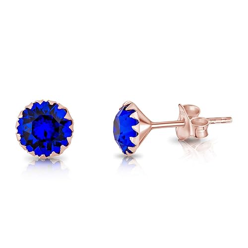 DTPSilver - 925 Sterling Silver Rose Gold Plated Round Stud Earrings made with Glittering Crystals from Swarovski® Elements - Diameter: 6 mm - Colour : Majectic Blue