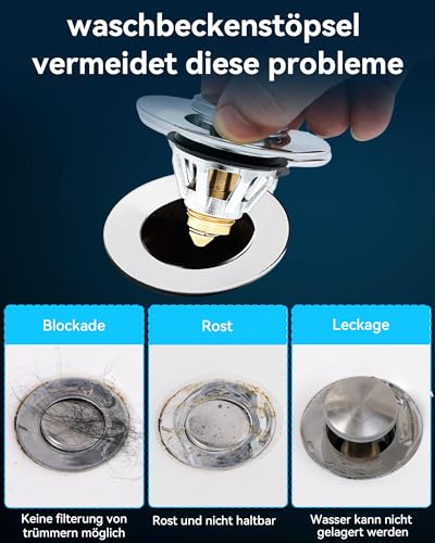 Magichome Pop Up Sink Plug Stainless Steel for 34-45mm Drain Holes | Drain plug stainless steel plug sink anti-clogging sink plug with drain strainer, plug for sinks
