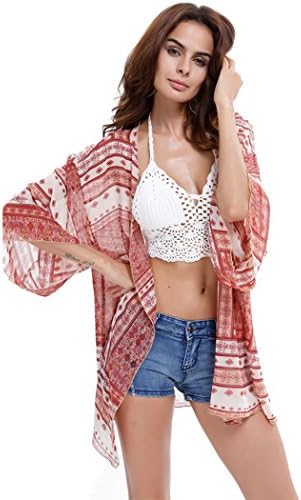 Snowyee Womens Sexy Floral Boho Chiffon Cardigan Kimono Beachwear Cover Ups Blouse Tops for Bikini(C-Red)