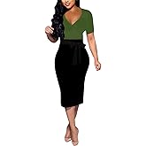 Women Dresses V Neck Short Sleeve Party Dress Bodycon Midi Work Business Pencil Dresses