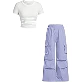 Azmxynol Tween Girls Clothes 2 Piece Outfit T-Shirt Top + Cargo Pants Teen Girl Clothing Set, Sizes 7-16 Years
