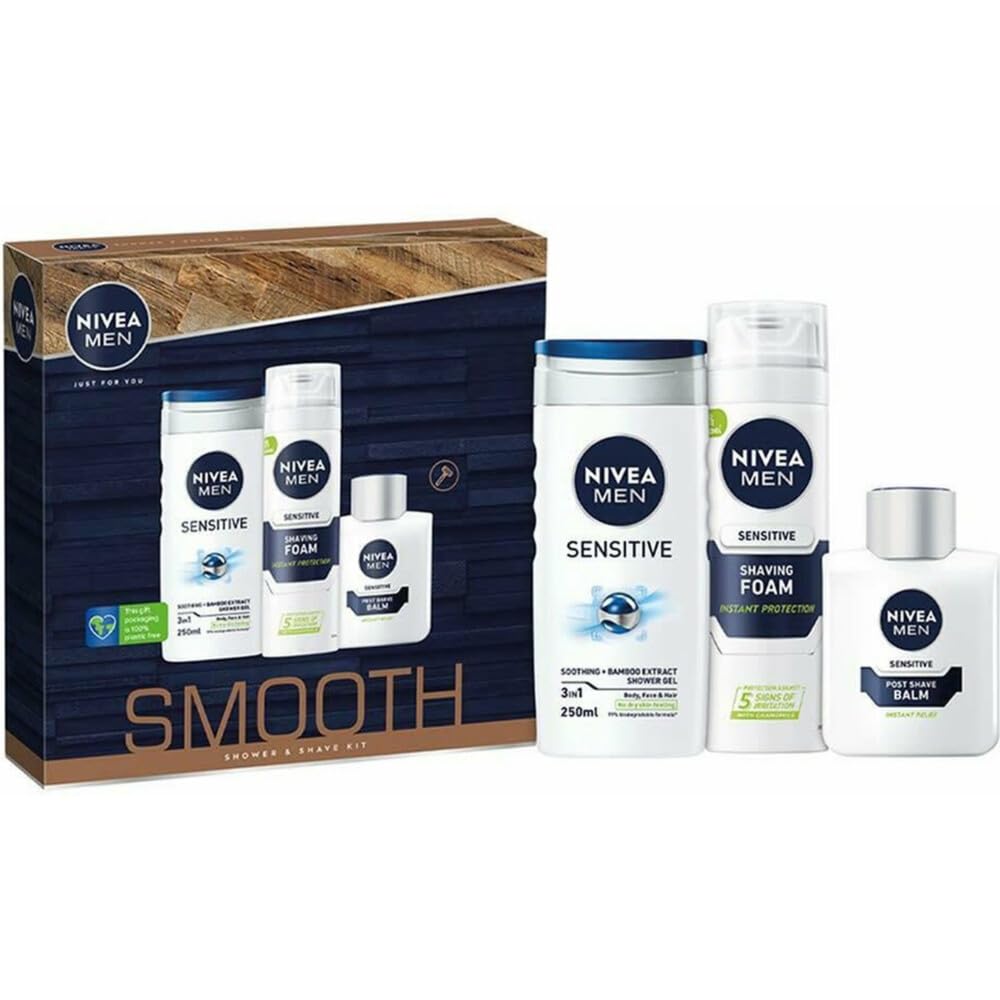 Nivea Men Smooth Shower & Shave Kit - Soothing 3 in 1 Shower gel 250ml, Shaving Foam 200ml, Post Shave Balm 100ml
