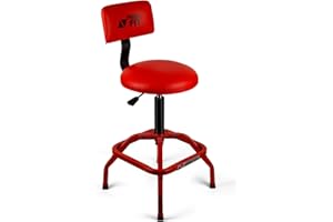FreekyFit Shop Stool with Backrest, Mechanic Garage Stool for Workshop, Adjustable Stool Chair, Padded Workbench Stool for Men Women, 300 LBS Capacity, 360° Swivel PVC Seat, Heavy Duty, Red