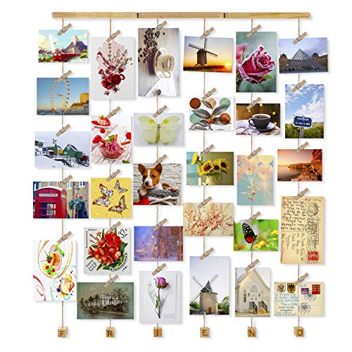 Love-KANKEI Wood Picture Photo Frame for Wall Decor, 26 x 29 Inch - with 30 Clips & Ajustable Twines - Collage Artworks Prints Multi Pictures Organizer & Hanging Display Frames - Friend
