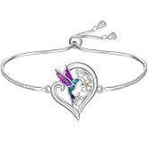 Fenthring Hummingbird Bracelet for Women Sterling Silver Heart Purple Hummingbird Bracelets Jewelry Adjustable Flower Bird Memorial Birthday Gifts