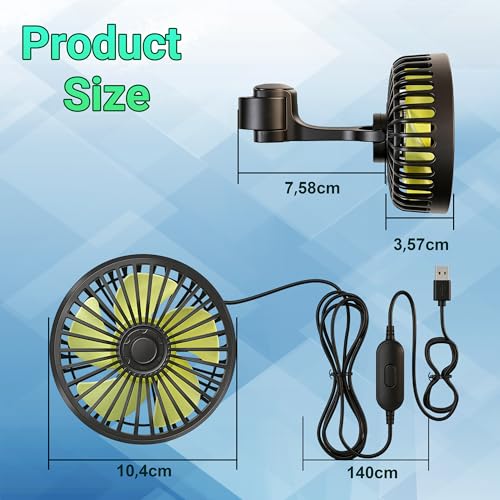 Qidoe USB Car Fan for Rear Seat and Kids with 3 Speeds and 360° Rotation Compatible with Cars, SUV, Truck, Caravan, Boat, Motorhome