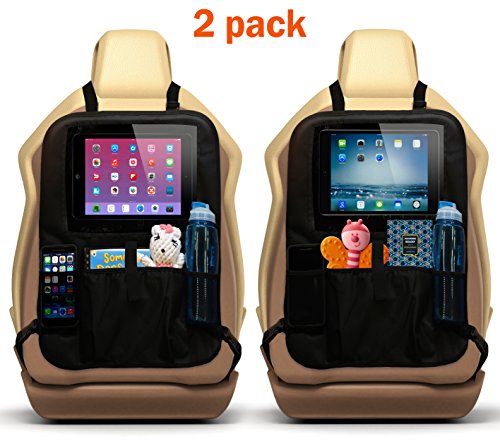 Car Back Seat Tablet Holder W/ Touch Screen | Front Seat Kick Mat Protector | Kids Organizer W/ Storage Pockets For Snacks, Bottles, Books, Toys. Universal Design for Vehicles, SUV, Minivan. Set of 2