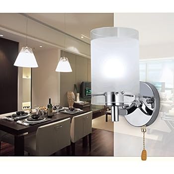 Elitlife Modern Wall Lights Silver Chrome & White Glass 220V Wall Sconce Lighting Indoor - with The Pull Cord Switch & 3W Light Bulb (Cool White)