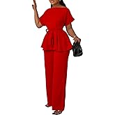 Women's 2 Piece Outfits Suit Set Short Sleeve Peplum Top Flared Pants Sets Business Pantsuits