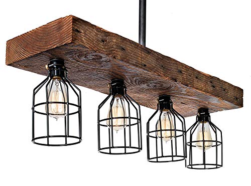 Farmhouse Lighting-Reclaimed Wood from Early-1900s-Rustic Lighting for Kitchen Island Lighting, Dining Room, Bar, Industrial, and Billiard Table-Wooden Light with Edison Cages