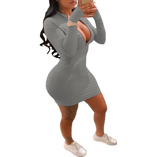 knee length dresses for ladies Long Sleeve Zip Up BodyCon Dress  THE GLAM GOD