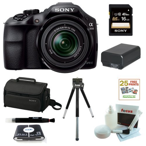 Sony A3000 ILCE-3000K ILCE-3000KB 20. 1MP A3000 Interchangeable Lens Camera with 18-55mm Zoom Lens (Black) with Additional Battery for Sony NP-FW50 + Sony 32GB SD Card + Accessory Kit