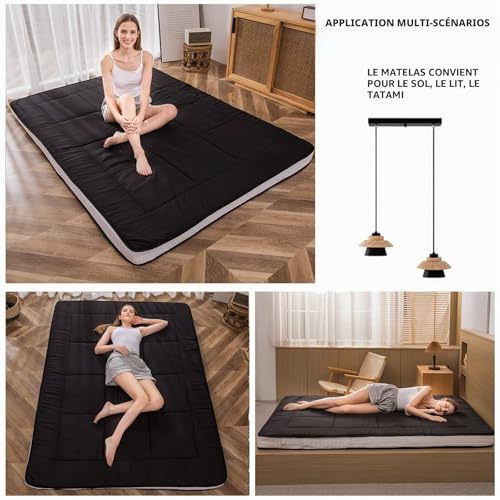 MAXYOYO Japanese Futon Mattress Floor Padded Quilted Mattress Topper, Extra Thick Sleeping Pad Foldable Breathable Floor Lounger Guest Bed for Camping Sofa (Black, King)