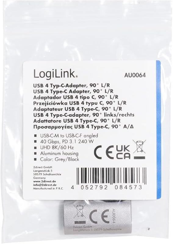 Adaptador USB 4 Tipo C 90° (Izquierda/Derecha), Transferencia de Datos de 40 Gbit/s! PowerDelivery 240 W, vídeo con 8 K/60 Hz, Macho-Hembra, Aluminio, Color: Plateado