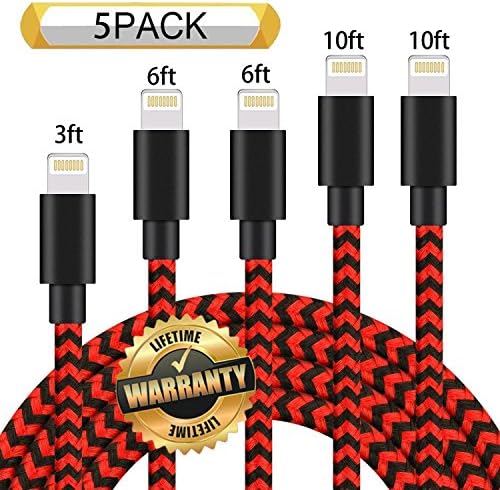 GUIGUI iPhone Charger 5Pack 3FT 6FT 6FT 10FT 10FT, Extra Long Nylon Braided Charging Cord Lightning Cable to USB Charger for iPhone X, 8, 7, 7 Plus, 6S, 6, SE, 5S, 5, iPad, iPod Nano 7 (Black Red)