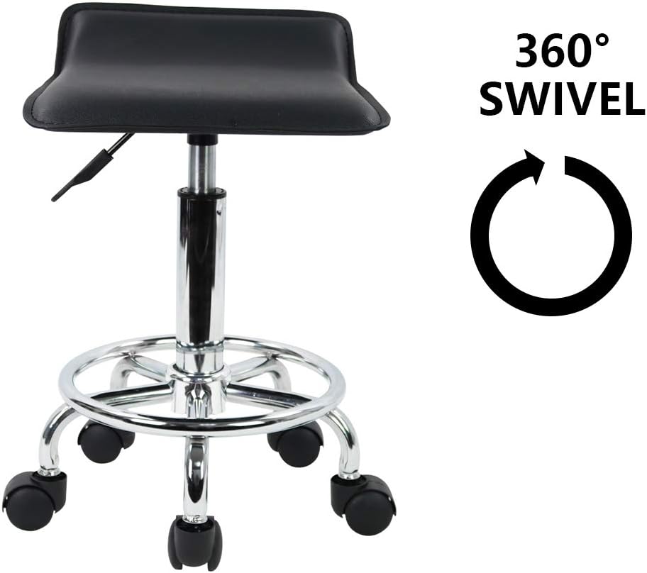 KKTONER Square Height Adjustable Rolling Stool with Foot Rest PU Leather Seat Cushion Medical Spa Drafting Salon Tattoo Work Swivel Office Stools Task Chair Small (Black): Kitchen & Dining