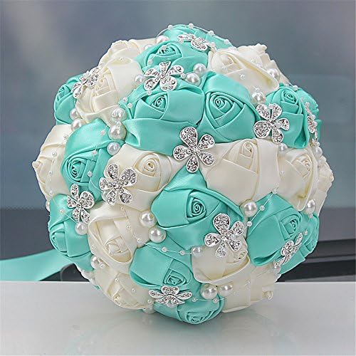 FYSTORE Advanced Customization Romantic Bride Wedding Holding Bouquet Roses with Diamond Pearl Ribbon Valentine's Day Bouquet Confession Many Colors for Choose 18cm (Tiffany Blue+Ivory)