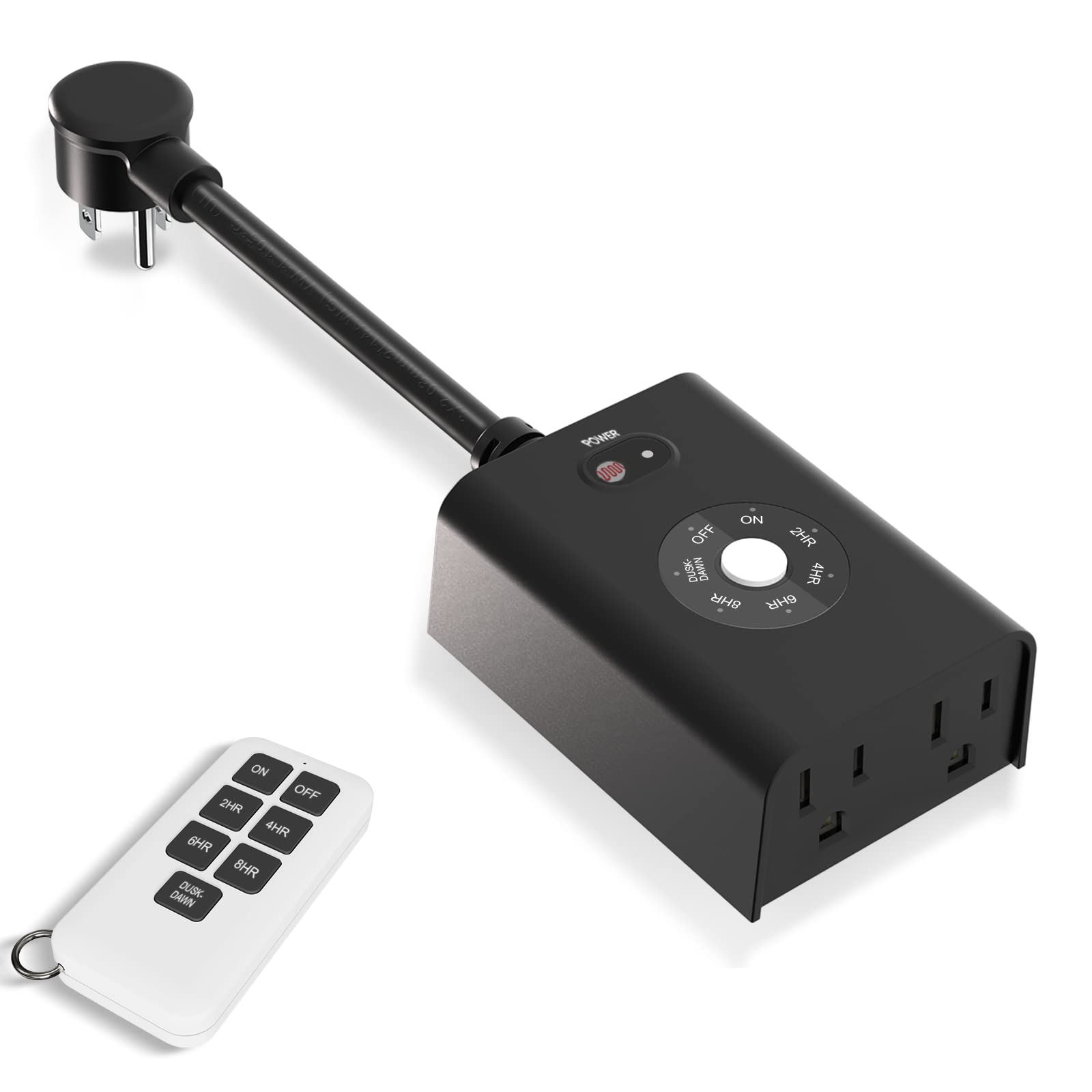 Photo 1 of Minoston Outdoor Timer Outlet Waterproof with Remote, 2 Outlets Dusk to Dawn Plug, Light Sensor Countdown Timer 2 4 6 8 Hours 100Ft Remote Control Home Garden(MP42T)
