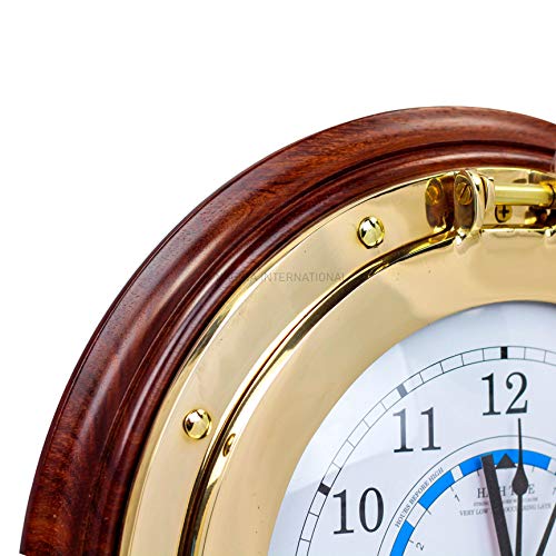 Nagina International Nautical Time Tide Clock On Premium Wooden Base Polished Brass Porthole